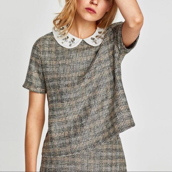 NWT Zara Tweed Plaid Jewel Embellished Peter Pan Collar Top. - Picture 1 of 12